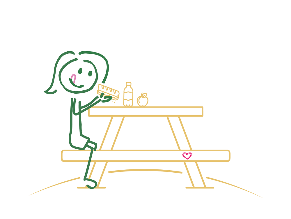 Bild zeigt ein illustriertes Mädchen, welches am Tisch jausnet.