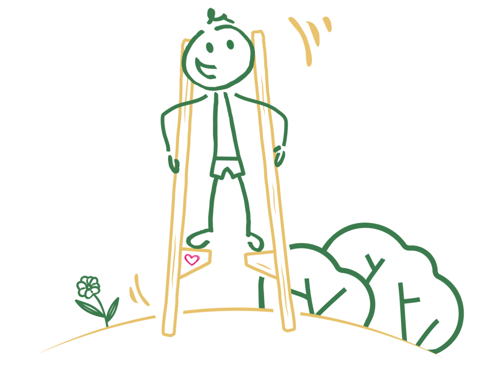 Bild zeigt illustriertes Männchen, das auf Stelzen am Waldspielplatz geht.